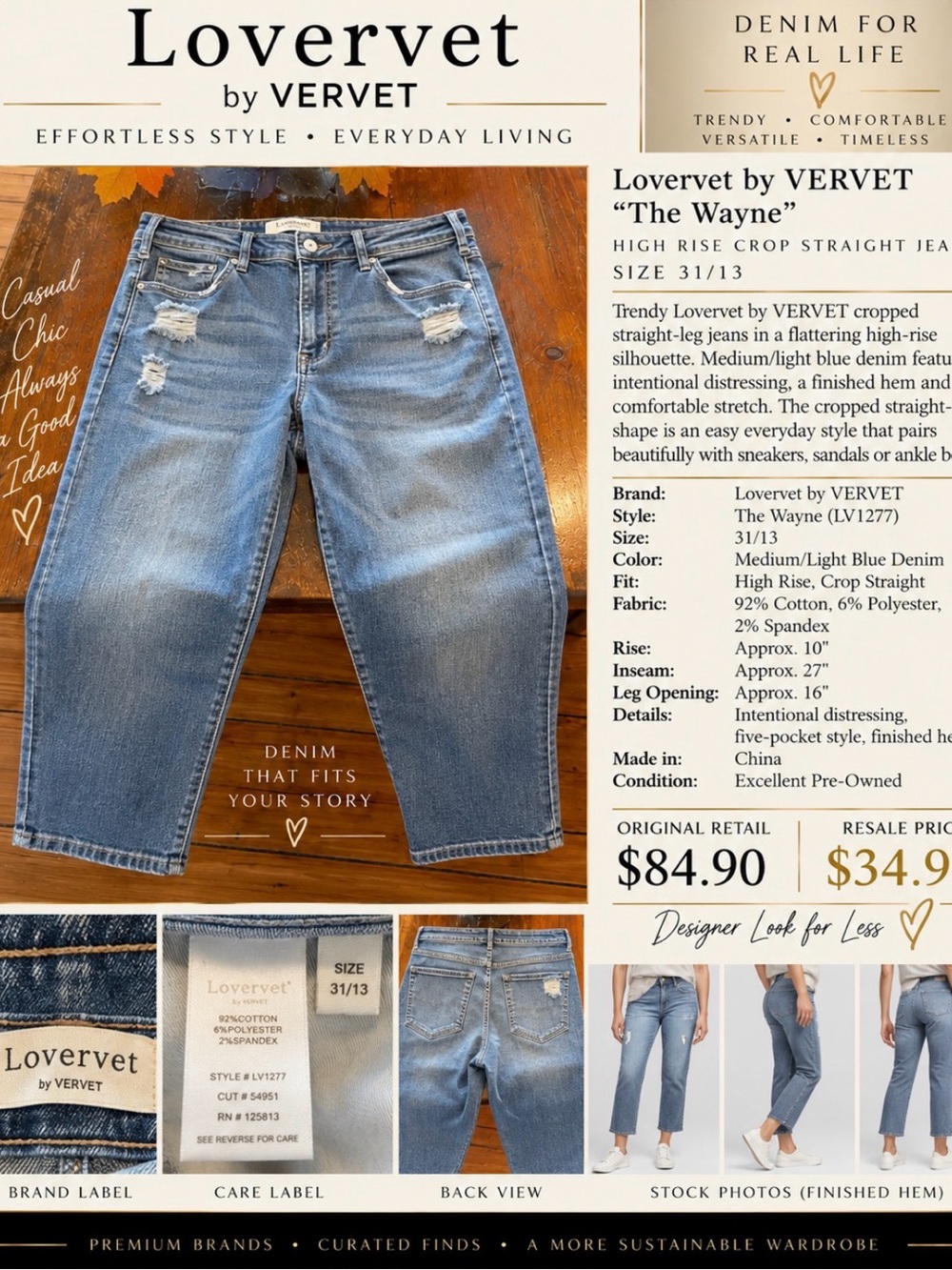 Lovervet by VERVET “The Wayne” High Rise Crop Straight Jeans – Size 31